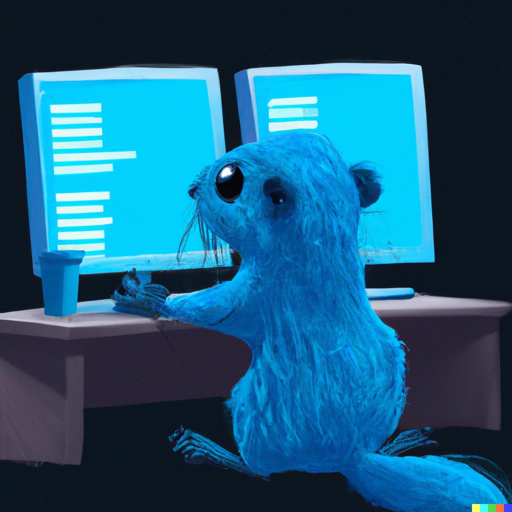 DALL·E prompt: a cute blue colored gopher with blue fur programming on multiple monitors displaying many spreadsheets, digital art